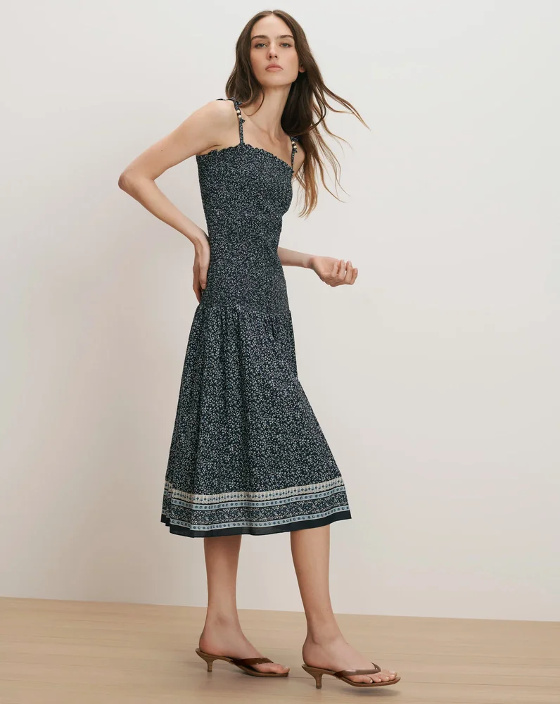Veronica Beard Marietta Smocked Midi Dress in Floral Navy Multi