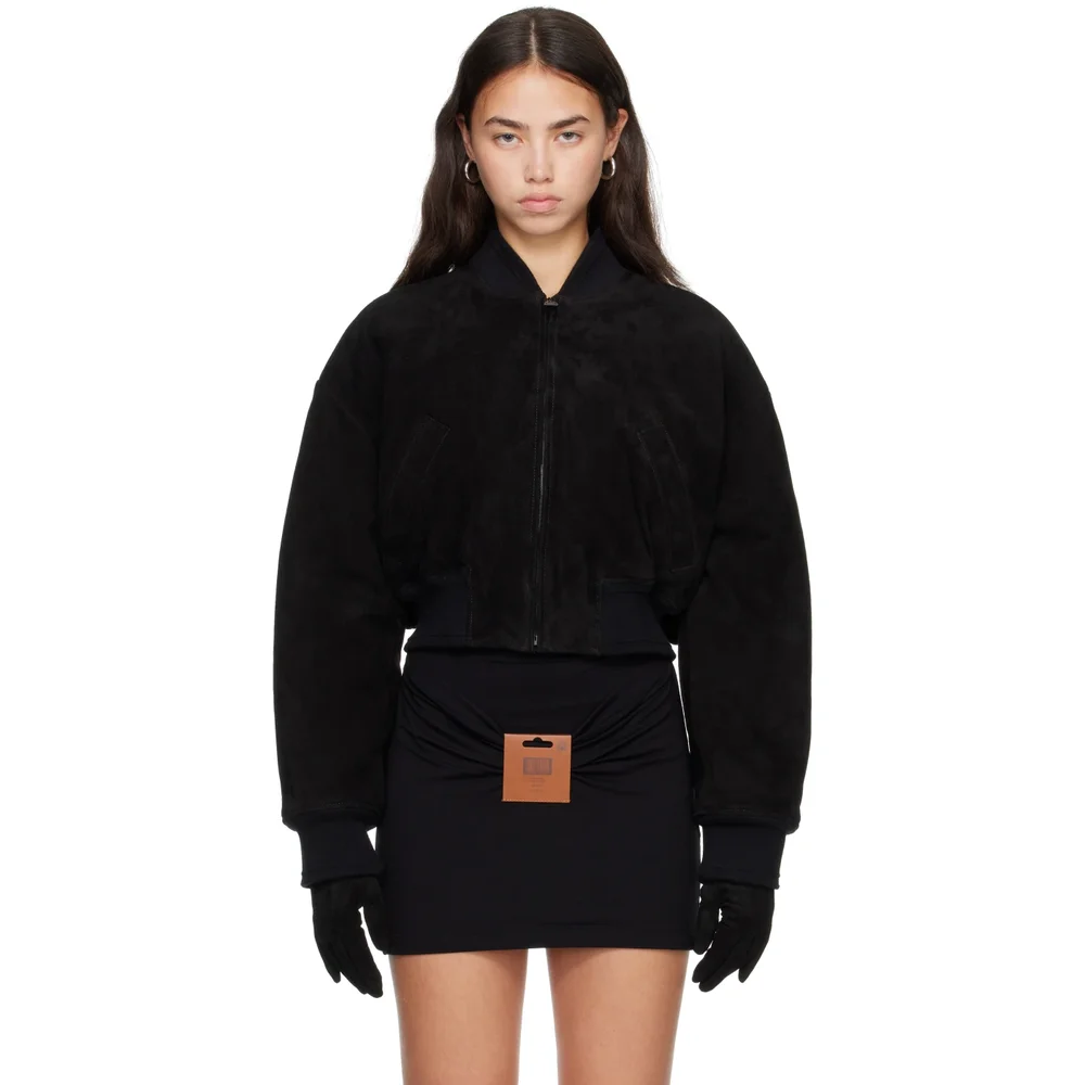 Black Suede Leather Bomber Jacket