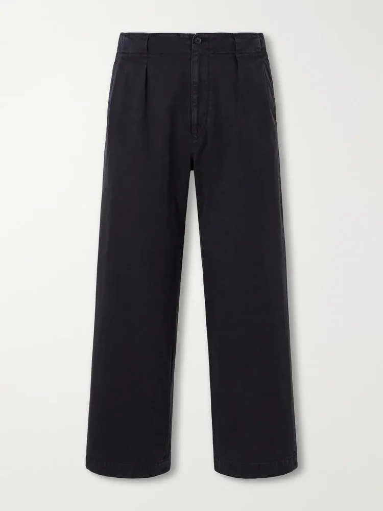Wide-Leg Garment-Dyed Pleated Cotton-Twill Trousers