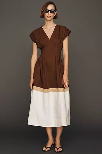 Exquise Pleated Short-Sleeve Twofer Midi Dress