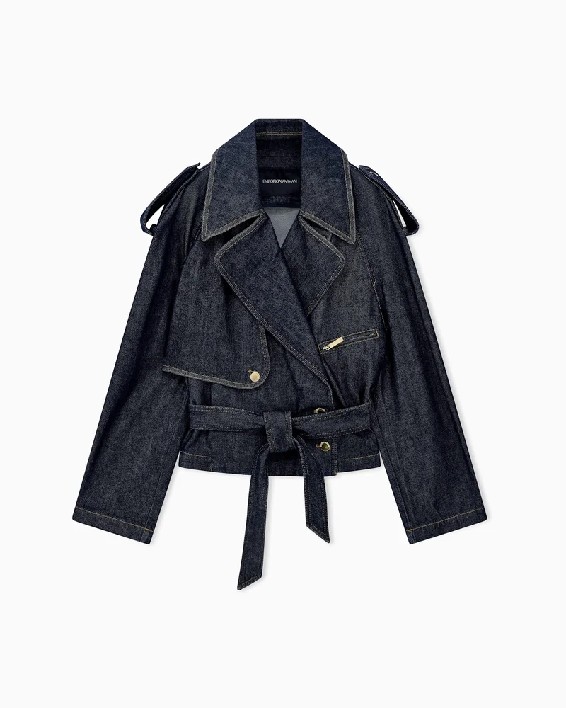 Belted denim jacket with wide lapels and epaulettes