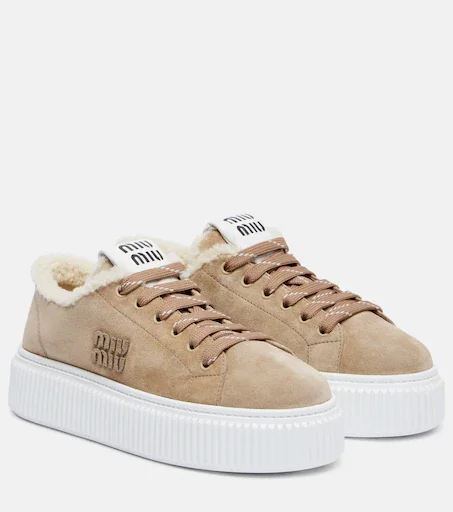 Shearling-lined suede platform sneakers in brown