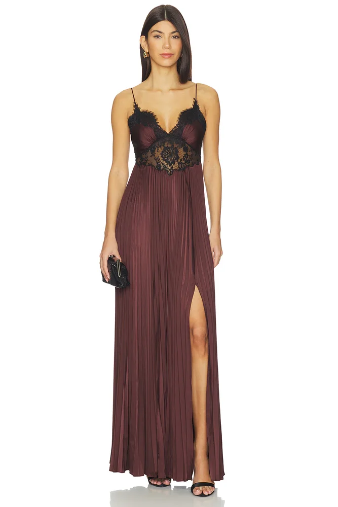 Brown Satin Lace Insert Maxi Dress