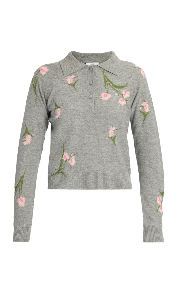 Merino Wool Floral-Knit Polo Sweater