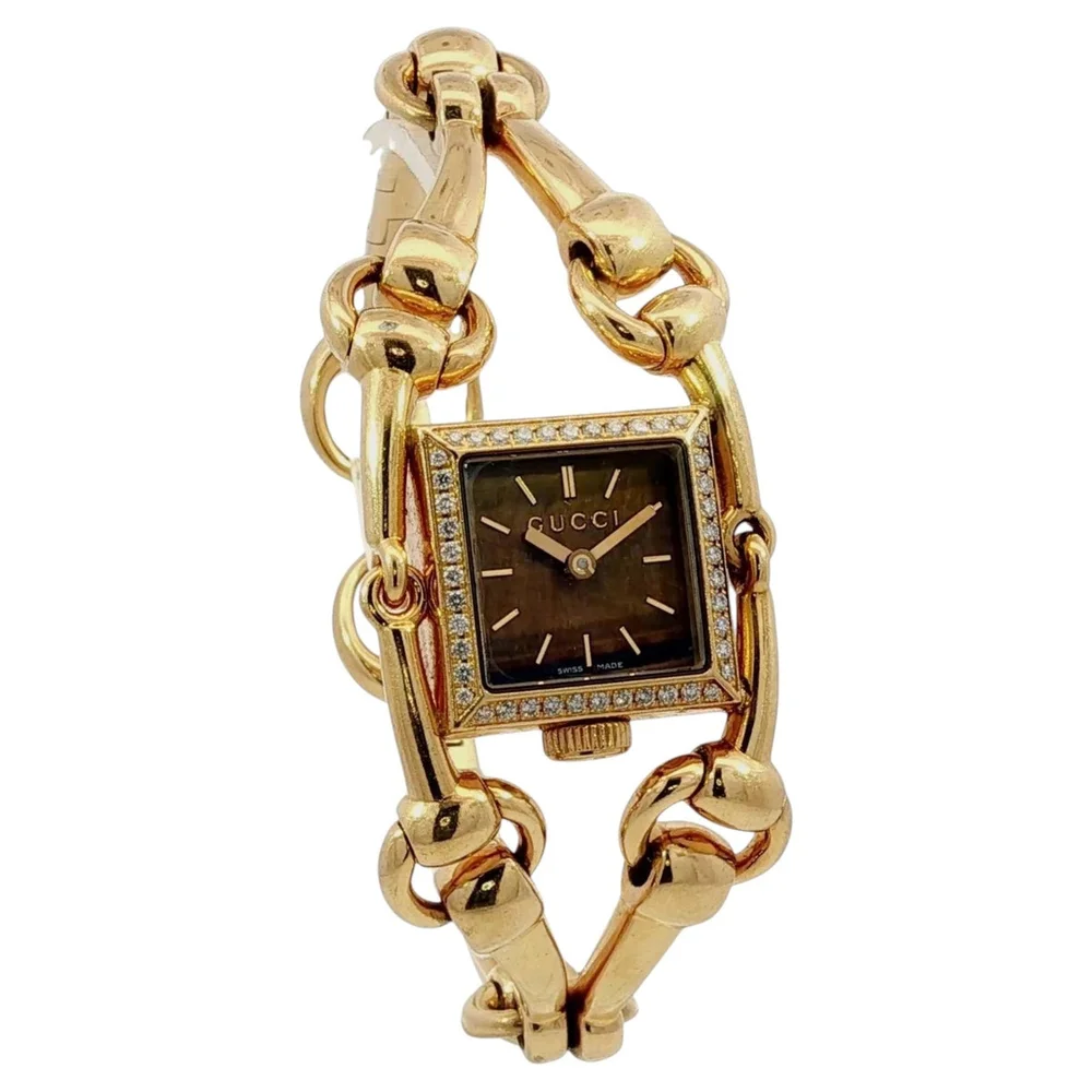 Vintage Horsebit 'Signoria' Diamond Bezel Tiger's Eye 18K Gold Watch, 1980