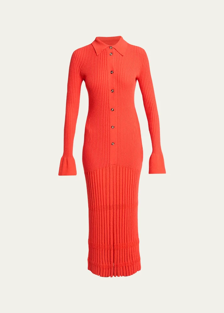 Rosario Long-Sleeve Merino Wool Pleated Knit Midi Polo Dress