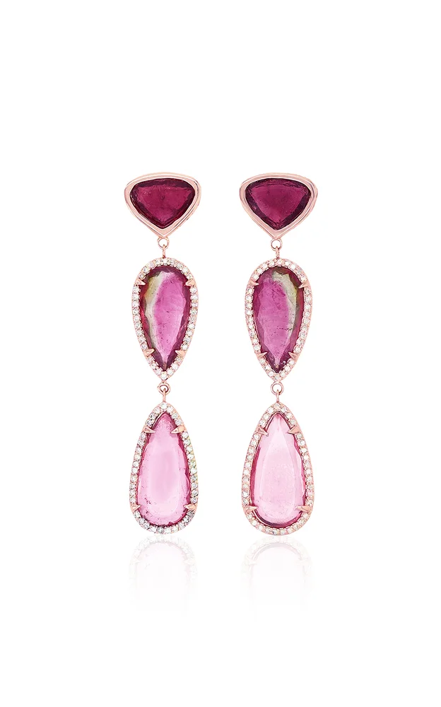 14K Yellow Gold Pink Tourmaline Triple Drop Earrings