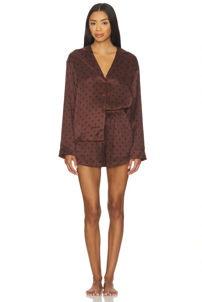 Washable Silk Button Up Short Set in Chocolate Ellipsis