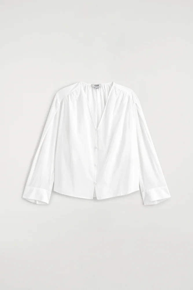 Gathered Lightweight Cotton V-neck Shirt