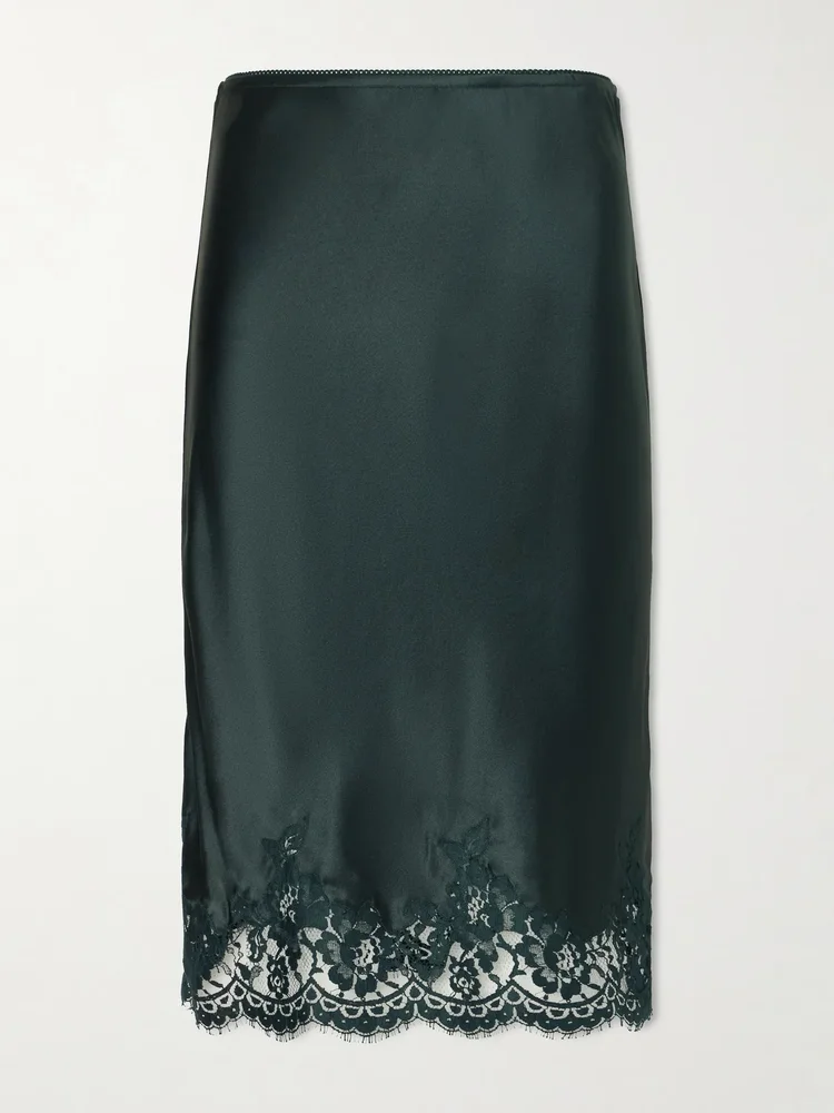Lace-trimmed silk-satin skirt