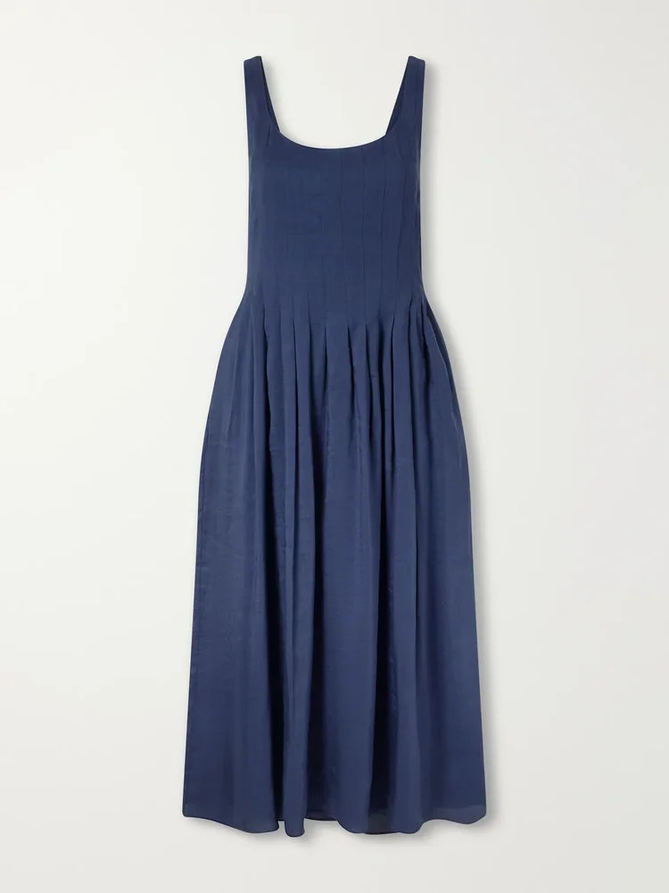 pleated linen blend midi dress