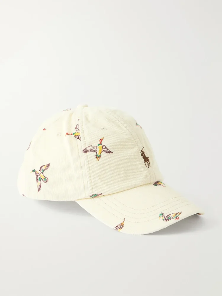 Leather-Trimmed Embroidered Cotton-Corduroy Cap