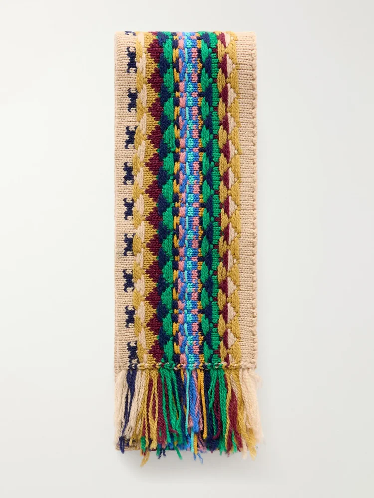 Fringed Intrasia Knit Wool Scarf
