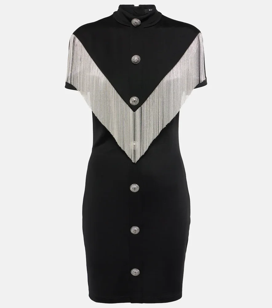 Embellished fringed jersey minidress
