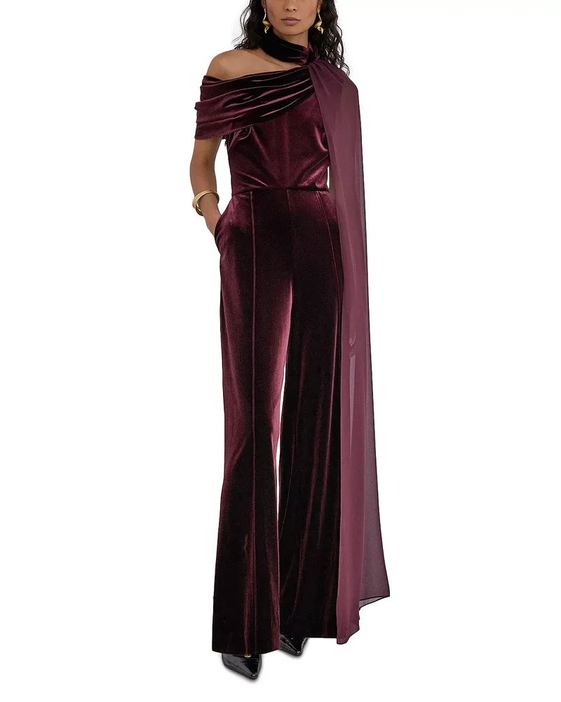 Petite Carrie Stretch Velvet One Shoulder Jumpsuit