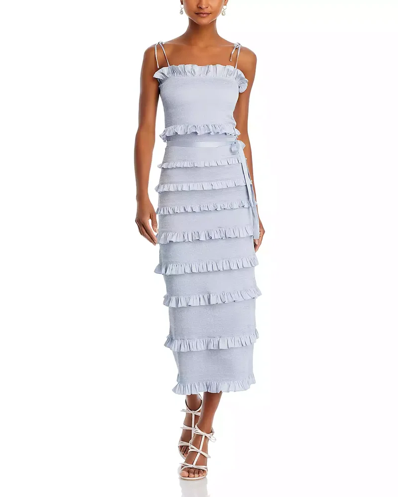 Lily Smocked Floral Print Ruffle Trim Midi Dress