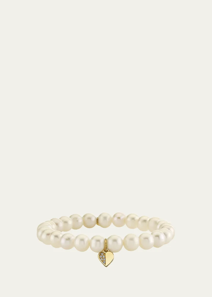 14K Half Pave Heart Charm on Pearl Stretch Bracelet