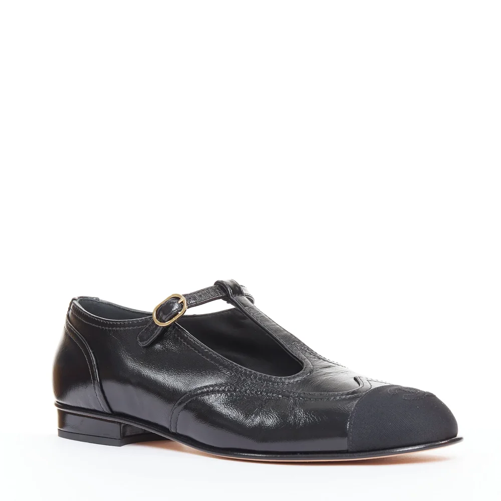 Pre-Owned Leather Grosgrain T-Strap Flats