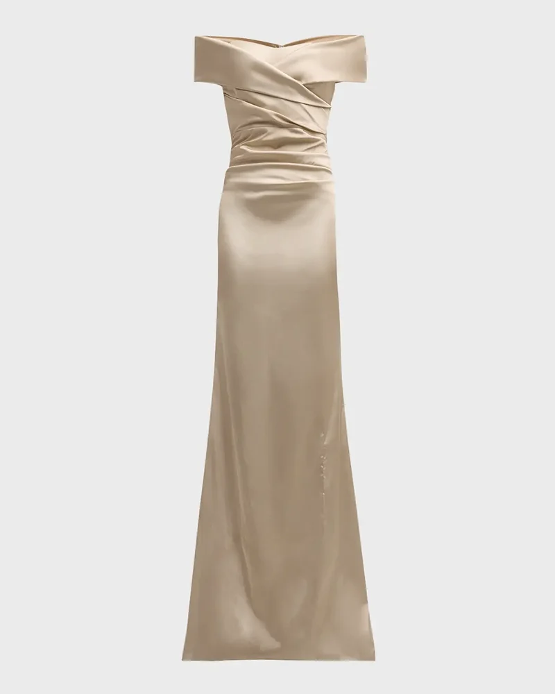 Pleated Off-Shoulder Satin Column Gown
