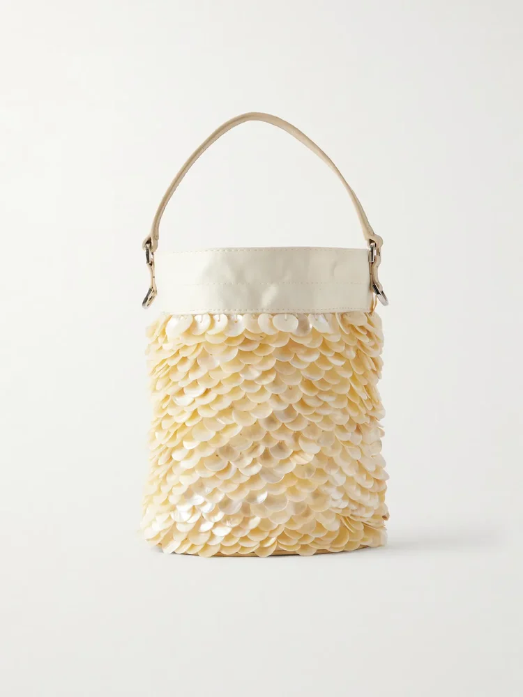 Lila mini leather-trimmed paillette-embellished twill bucket bag