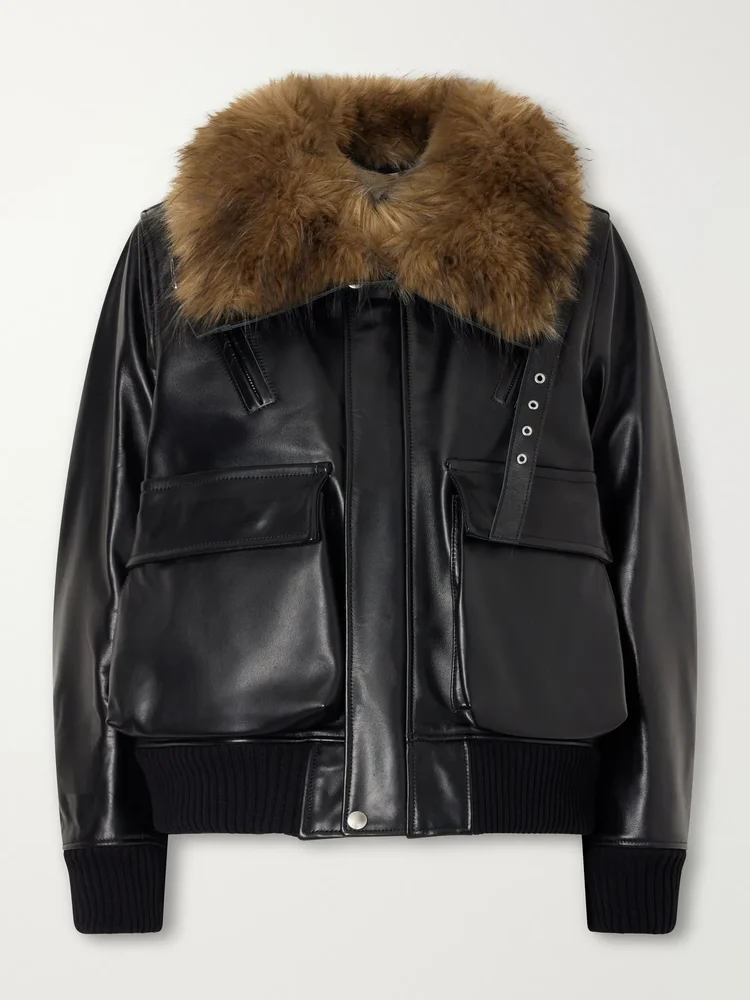 Plush-trimmed leather jacket
