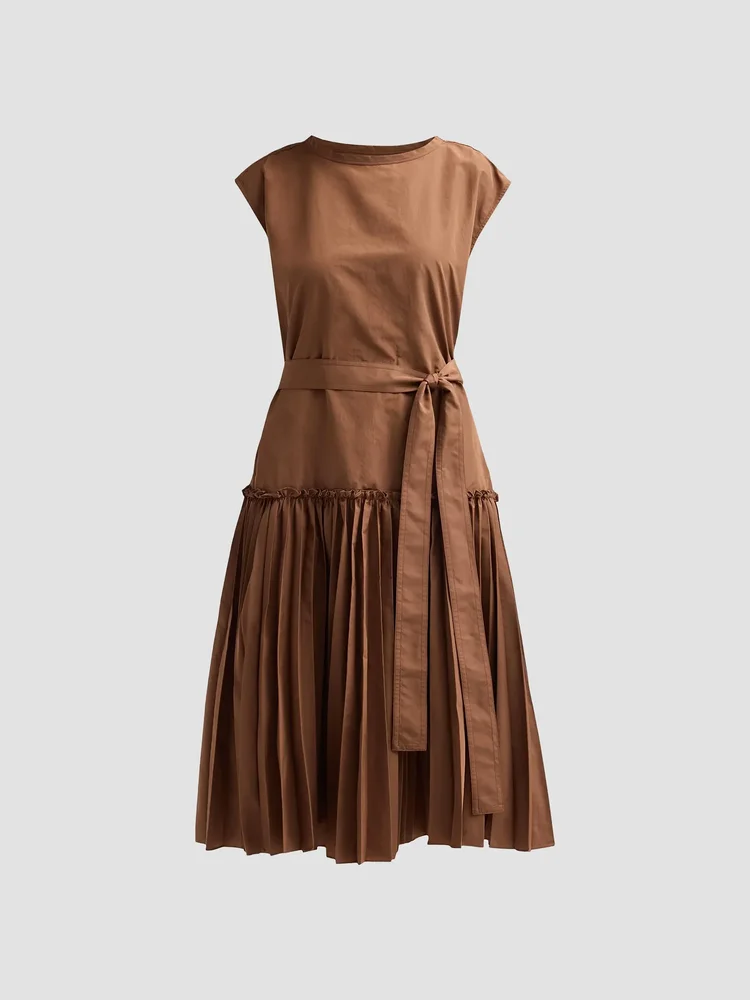 Logan Pleated Drop-Waist Midi Dress in Cacao