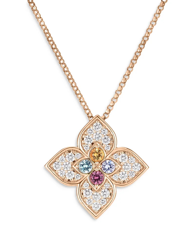 18K Rose Gold Venetian Princess Carnival Multi Gemstone & Diamond Flower Pendant Necklace, 16-17"