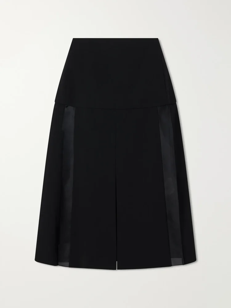Satin-trimmed wool midi skirt