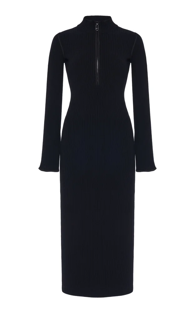 Half-Zip Knit Crepe Midi Dress