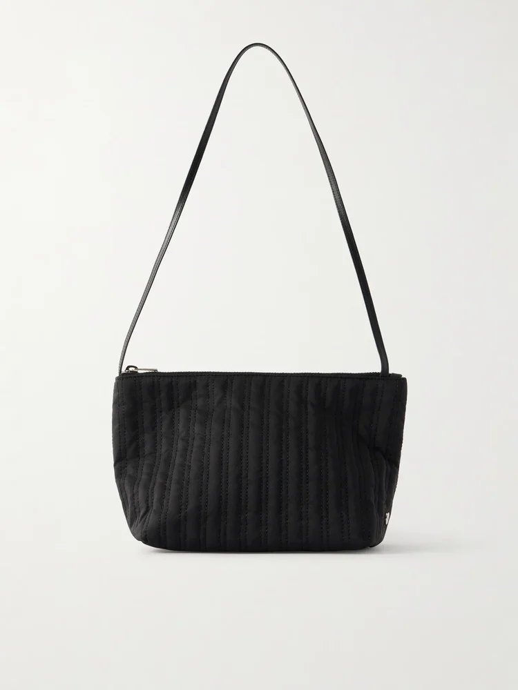 Corset leather-trimmed quilted satin-shell shoulder bag