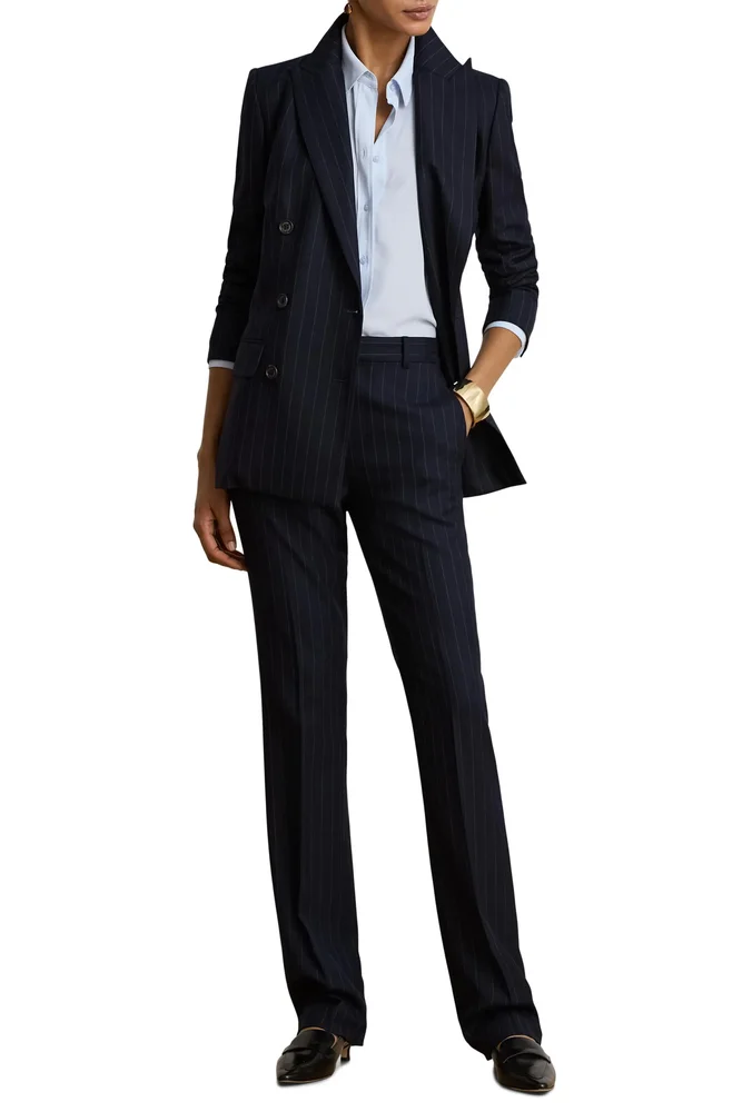 Pinstripe Wool Twill Straight Leg Pants
