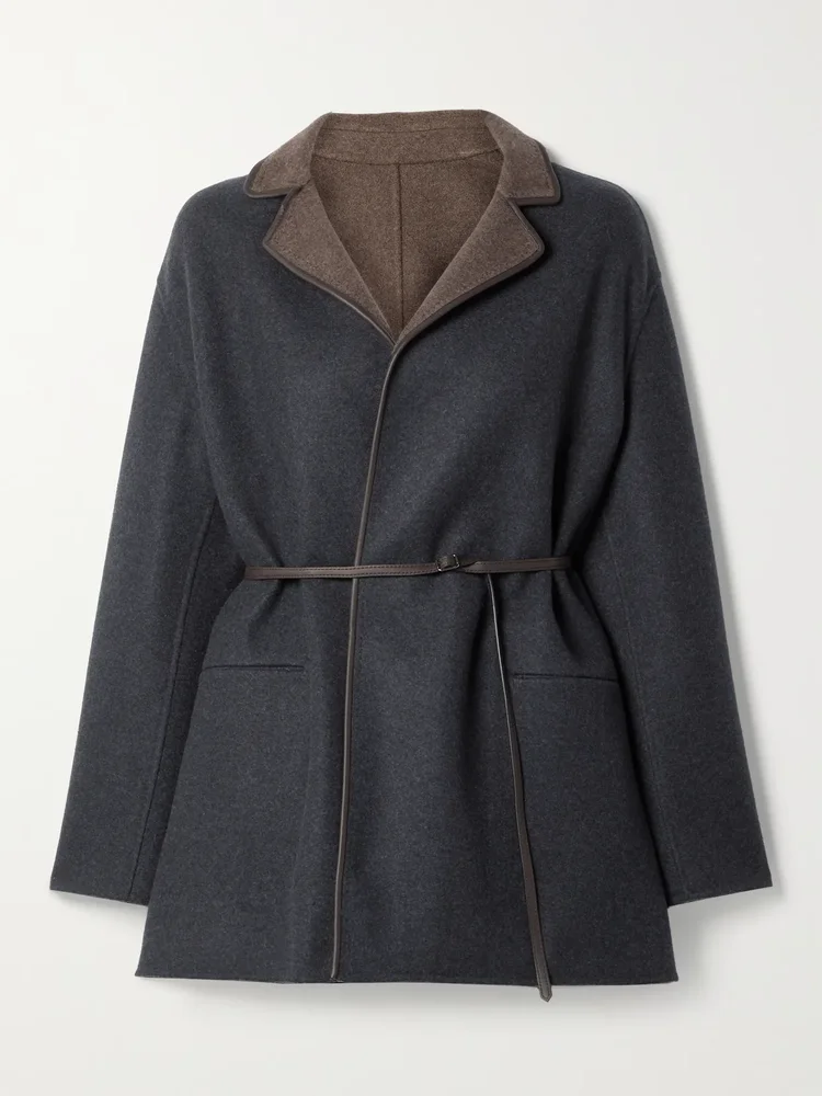 Jimi reversible belted leather-trimmed cashmere-blend jacket
