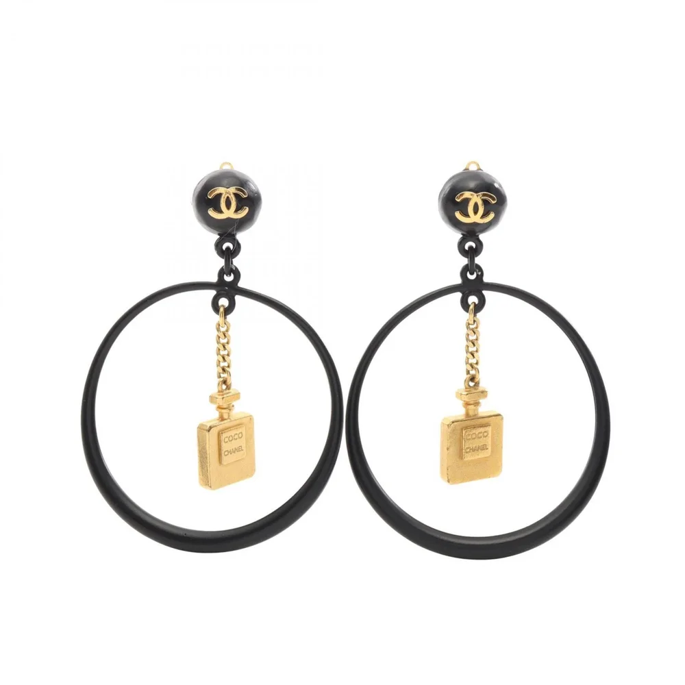 Pre-Owned CC Logo Hoop Earrings Gold-Tone Metal in Black