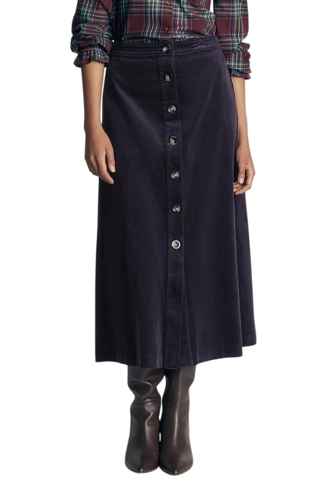 Val Button Front Corduroy Midi Skirt