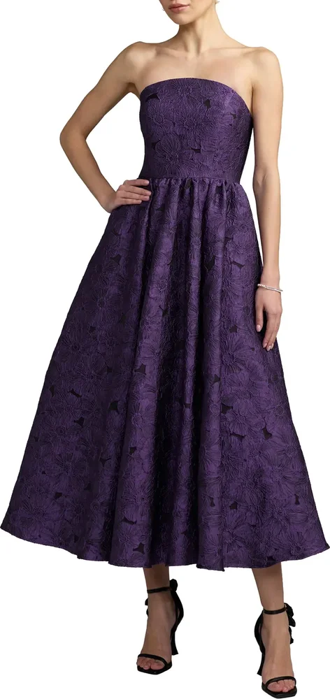 Strapless Brocade A Line Midi Dress With Pockets