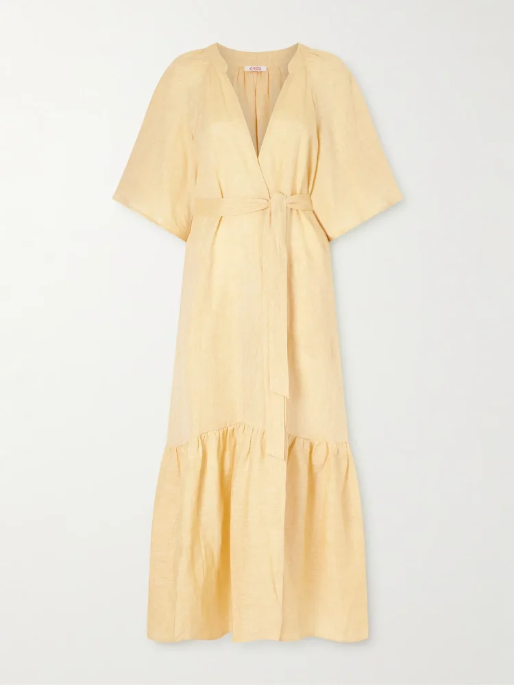 Audacieuse belted tiered linen midi dress