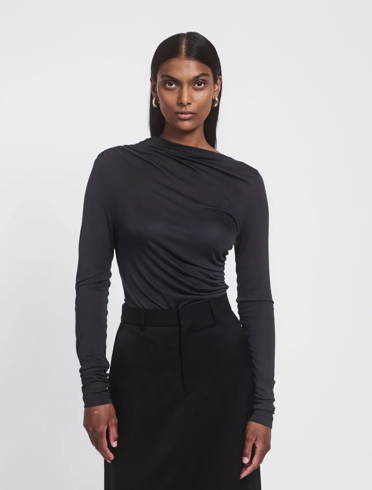 Iphis Draped Long Sleeve Top in Navy