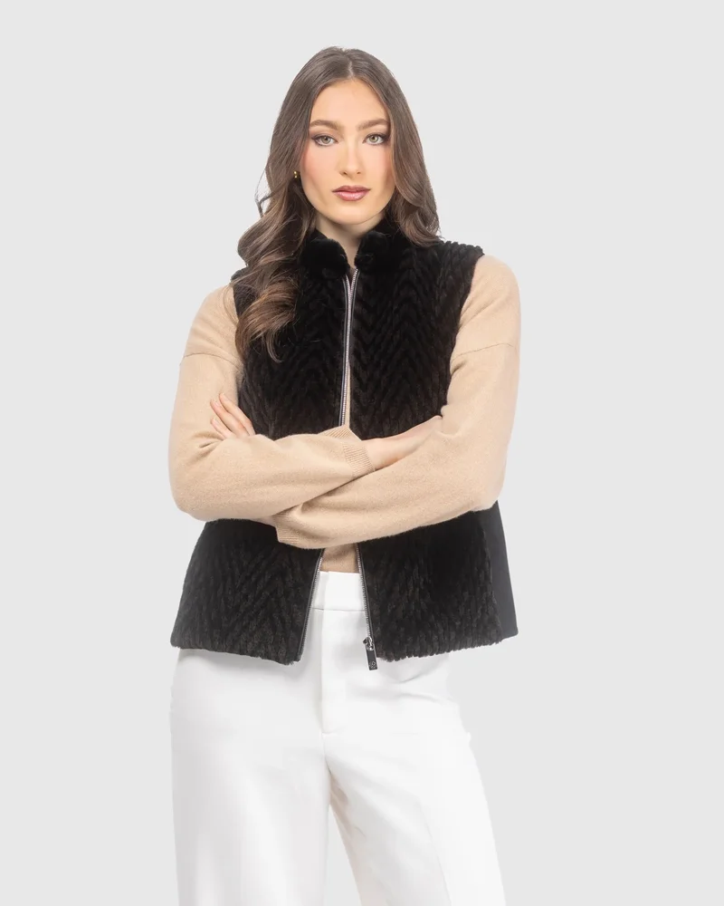 Select Shearling Lamb Chevron Grooved Zip Vest with Loro Piana Wool Back