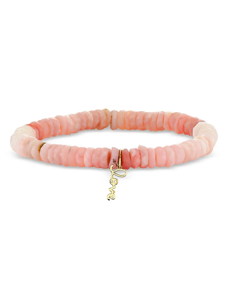 14K Yellow Gold Tiny Pure Love Charm Pink Opal Faceted Bracelet