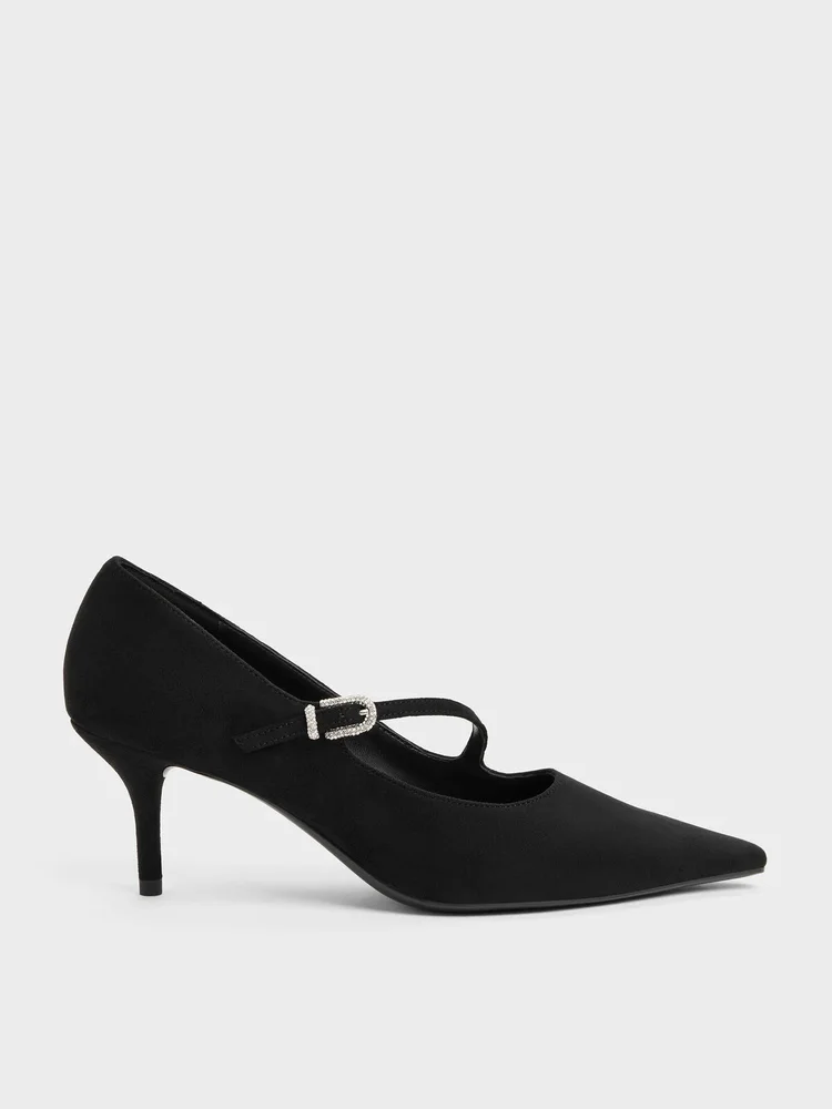 Faux Suede Asymmetric-Strap Pumps, Black Textured