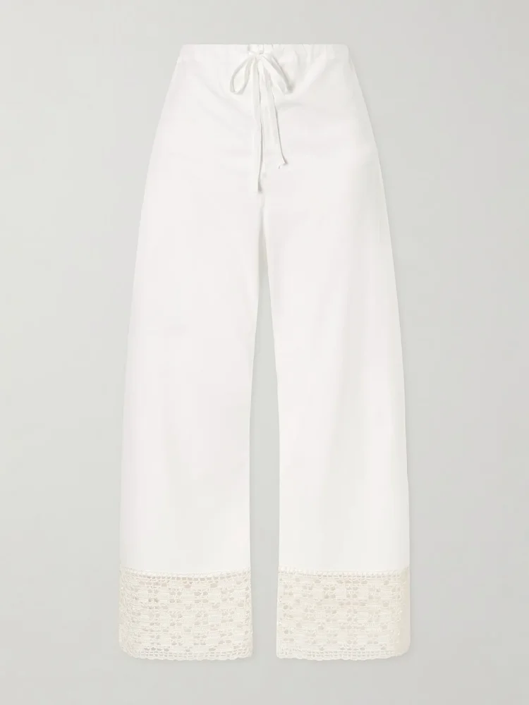 Heriloom lace-trimmed cotton-poplin wide-leg pants