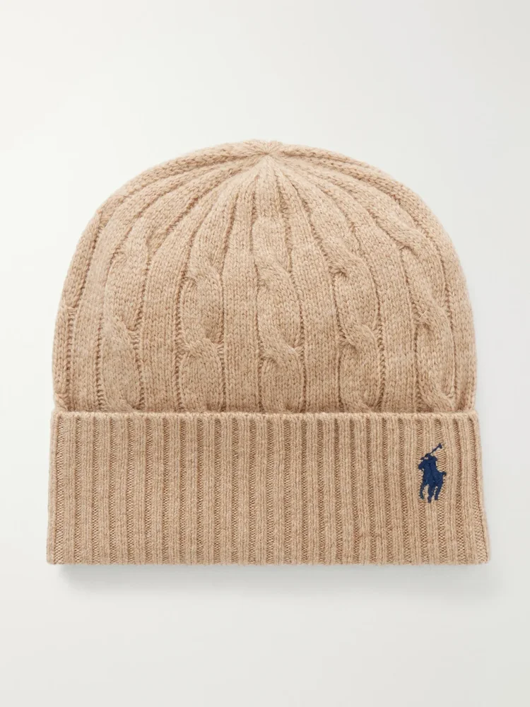 Logo-embroidered cable-knit wool and cashmere-blend beanie