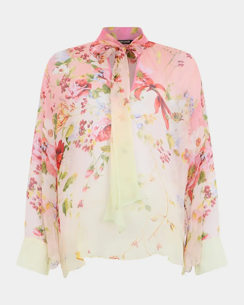 Miami Flowers Print Chiffon Neck-Tie Blouse