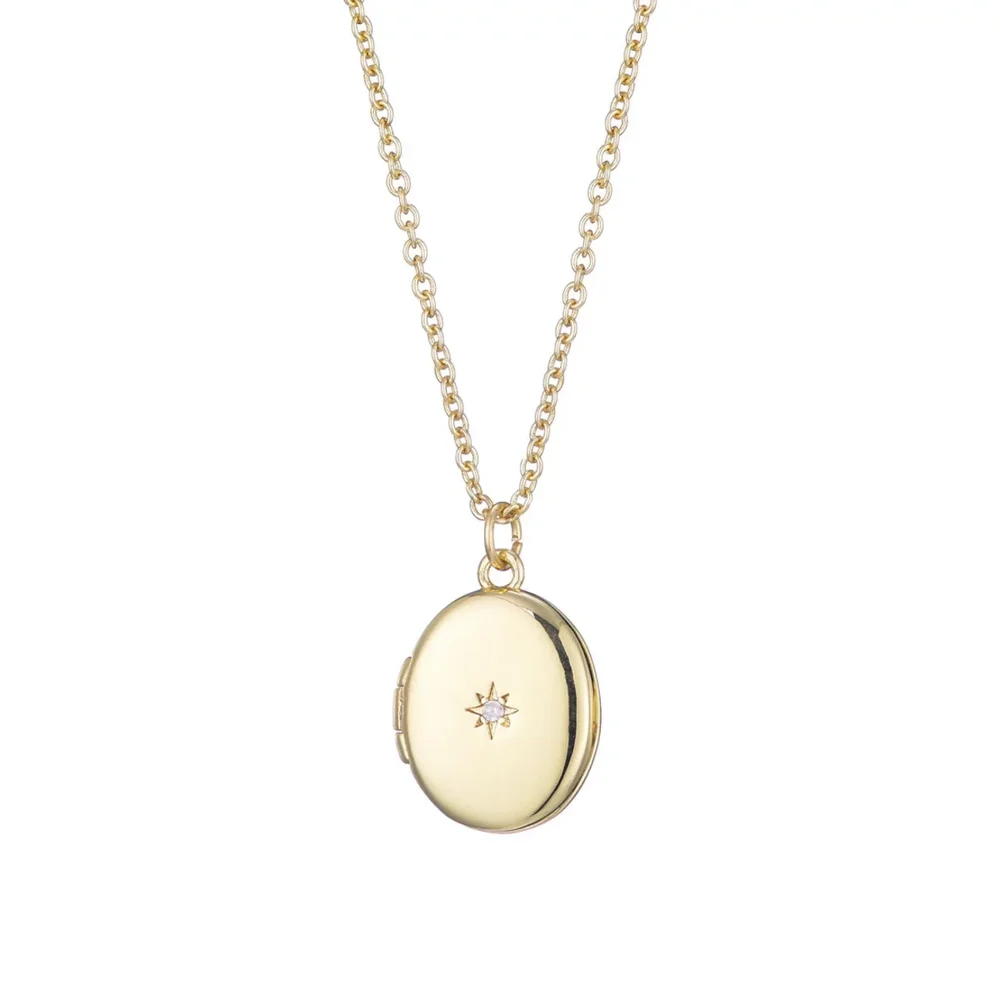14k Gold Plated Oval Locket with CZ Starburst Necklace