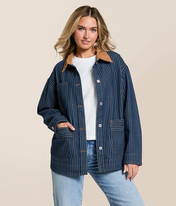 J.O.A. Striped Denim Barn Jacket - Women's Coats & Jackets in Indigo