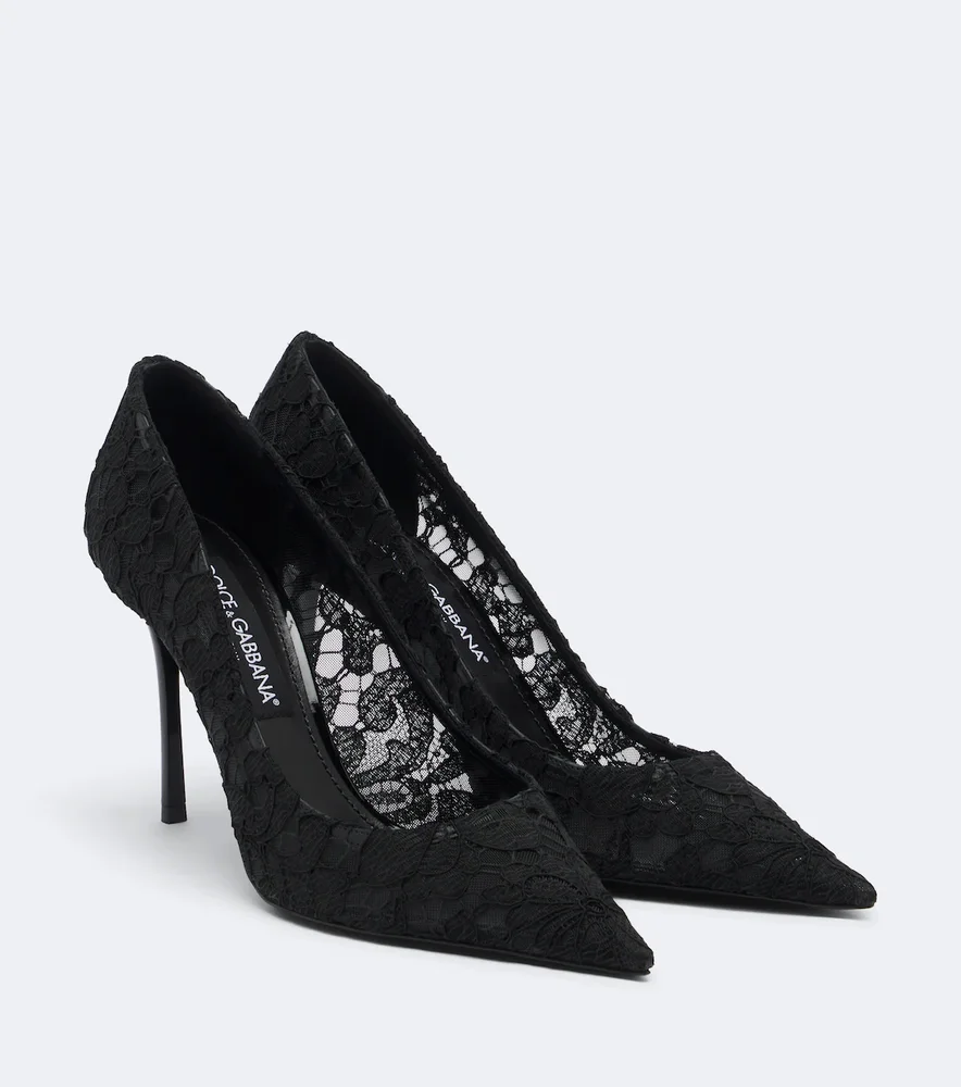 Leather-trimmed lace pumps