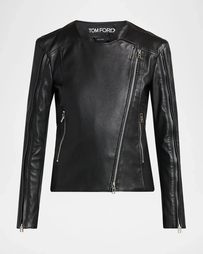 Collarless Leather Moto Jacket