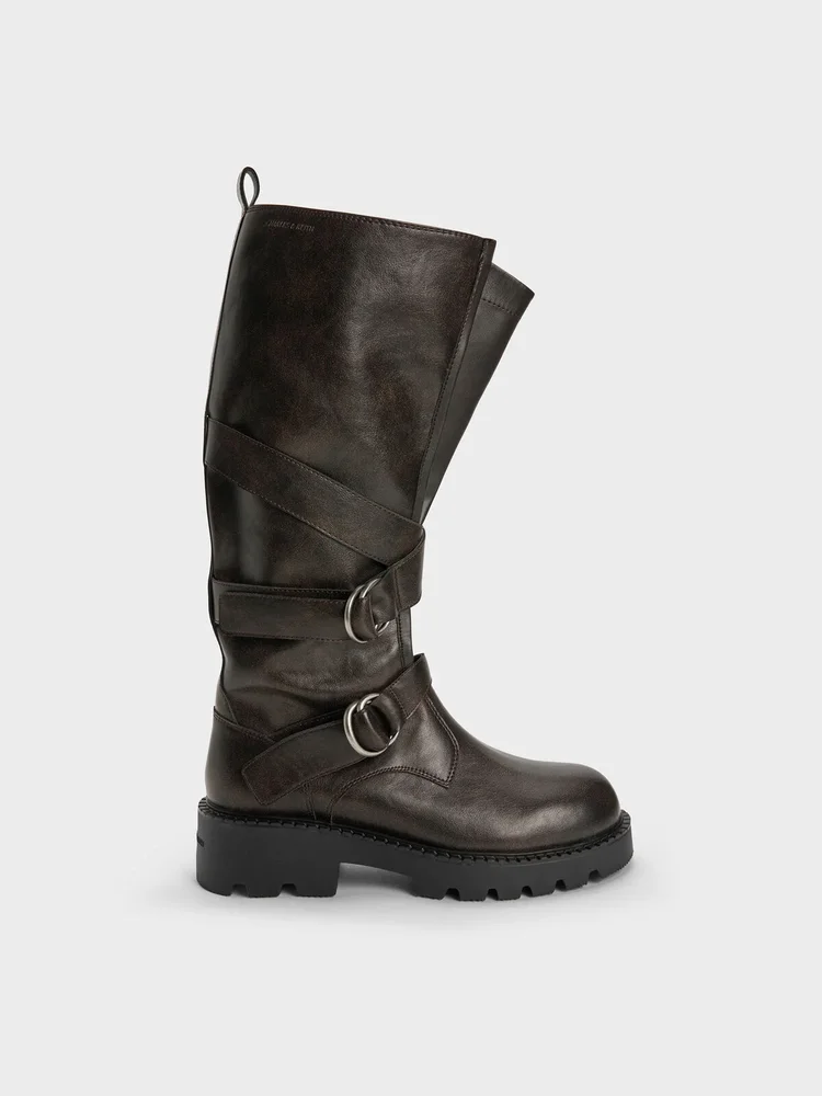 Double-Strap Knee-High Boots, Dark Brown