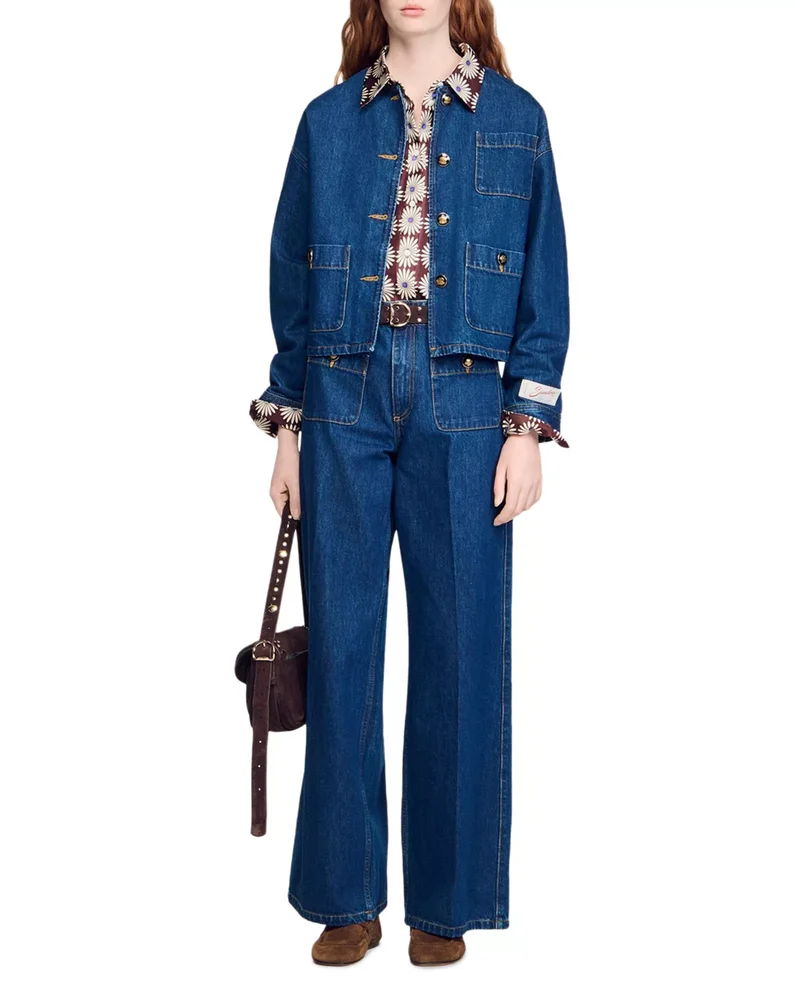 Collarless Denim Jacket & Straight Patch Pocket Jeans in Dark Blue