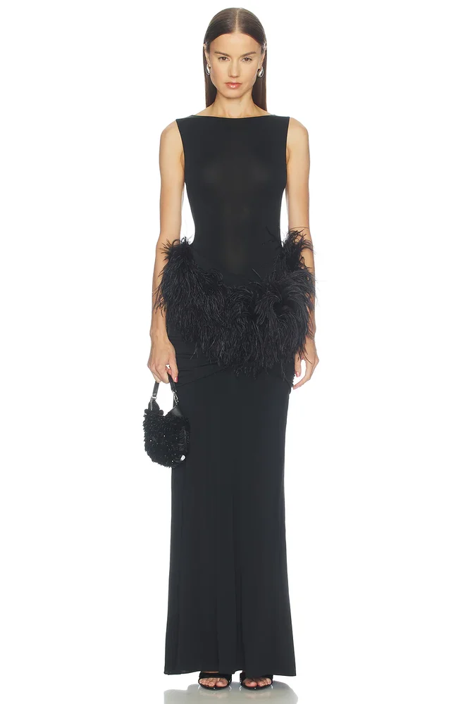 Jersey Long Sleeve Shirred Hip Gown With Feathers